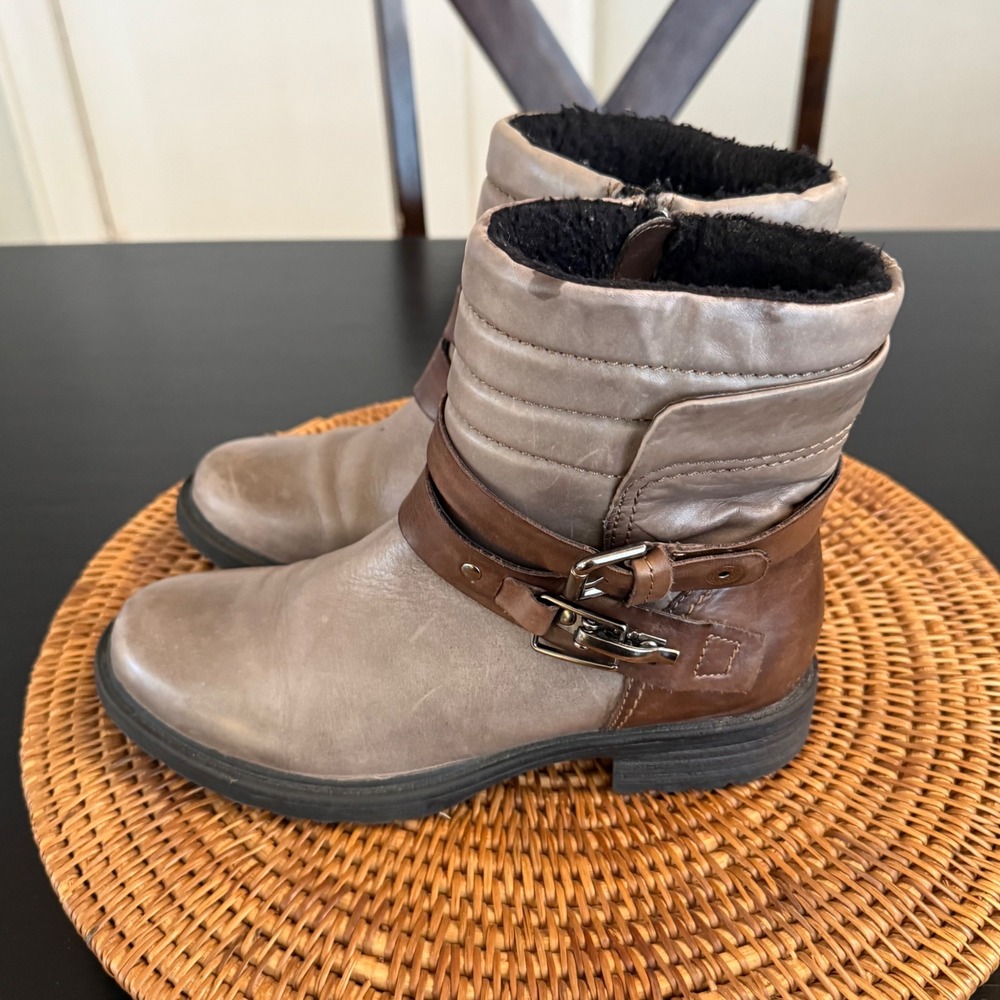 Earth Pepperidge Storm Grey Leather Faux Fur‎ Lined Ankle Boots Womens 7B